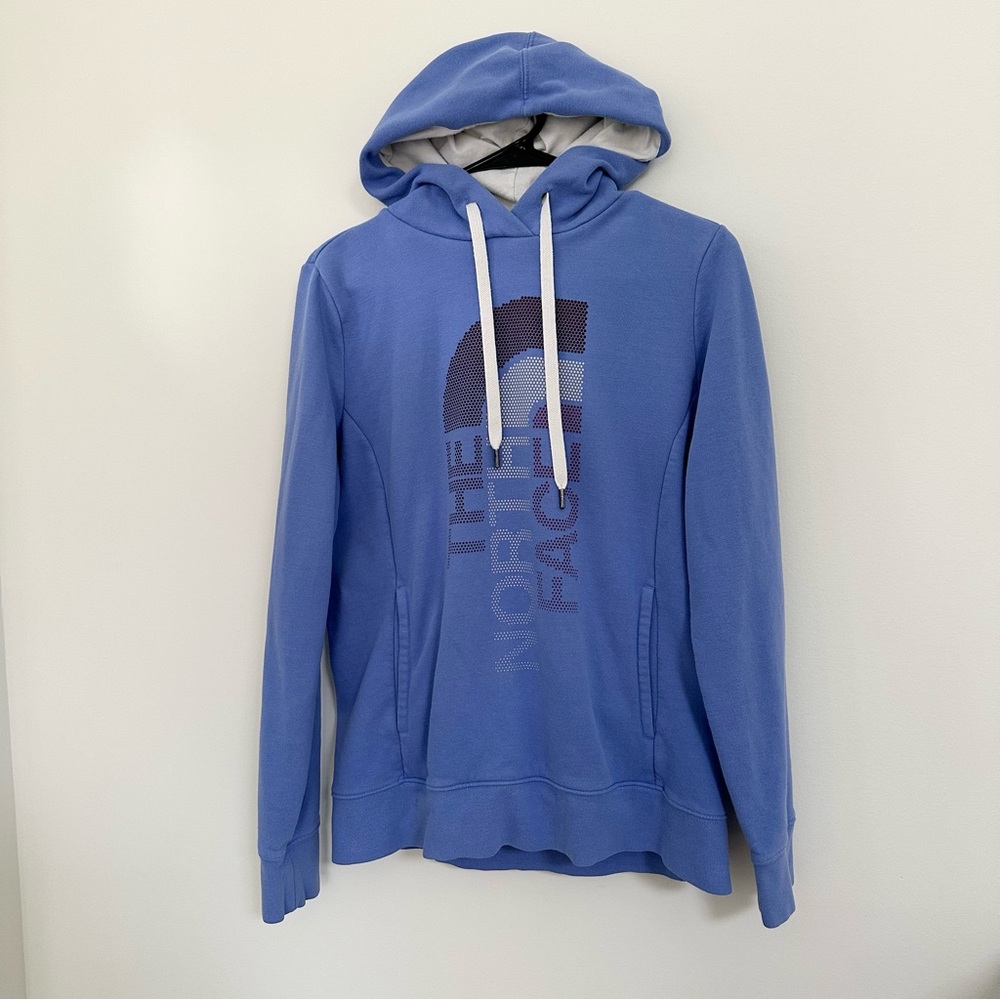 The North Face Spell Out Cozy Periwinkle Blue Hooded Sweatshirt Women's Medium